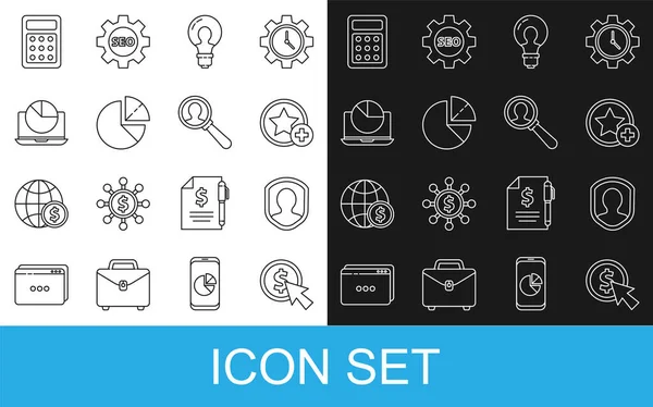 Définir le curseur et la pièce de monnaie, Protection des utilisateurs, étoile, ampoule avec concept d'idée, infographie graphique à secteurs, ordinateur portable, calculatrice et loupe de verre pour les personnes de recherche icône. Vecteur — Image vectorielle
