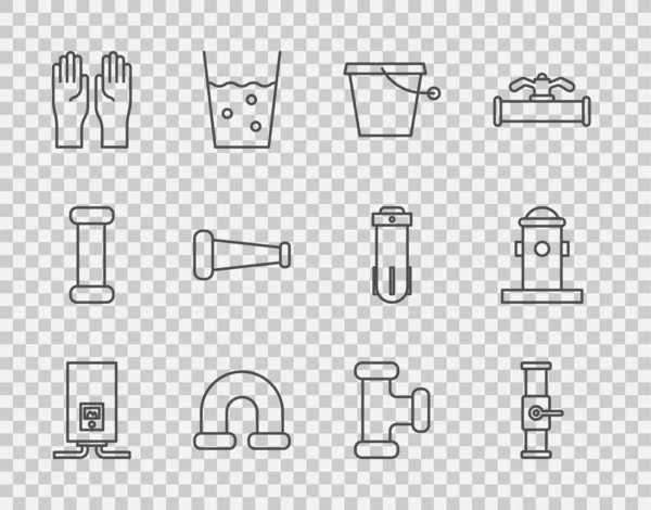 Establecer línea Caldera de gas con un fuego ardiente, Tubo y válvula de la industria, Cubo, metálico, guantes de goma, y el icono de hidrante de fuego. Vector — Archivo Imágenes Vectoriales