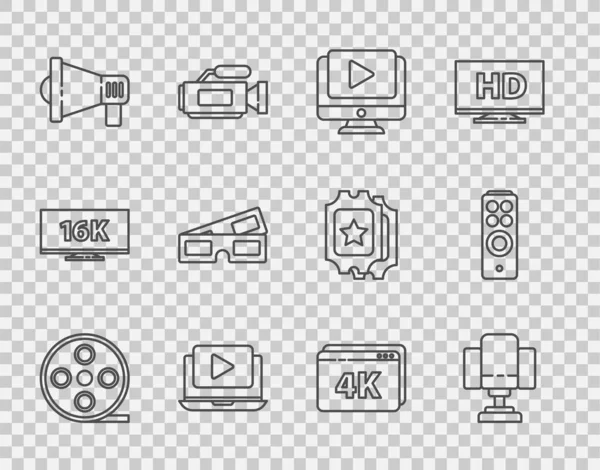 Set line Film reel, Regisseur filmstoel, Online play video, Megaphone, 3D cinema bril, met 4k en Remote control icoon. Vector — Stockvector