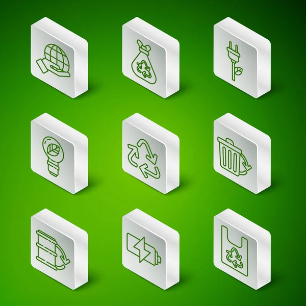 Geri dönüşümlü plastik poşet, pil, Dünya 'yı tutan el, geri dönüşüm sembolü, ampul yaprağı, çöp, eko yakıt varili ve çöp kutusu ikonu. Vektör