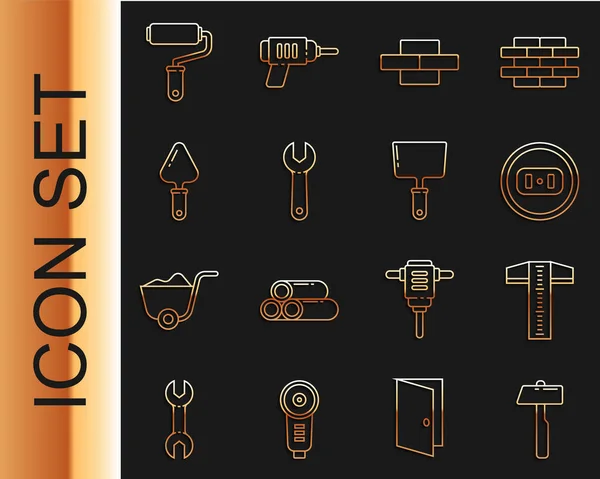 Set line Hammer, T-square line, toma de corriente, ladrillos, llave inglesa, llana, cepillo de rodillo de pintura e icono de cuchillo de masilla. Vector — Vector de stock