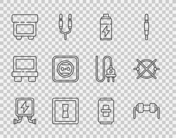 Set line Electric transformer, Resistor electricity, Battery, light switch, Fuse, Electrical outlet, and circuit scheme icon. Vector — Stock Vector