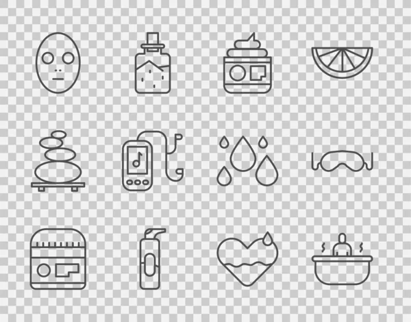 Set lijn Crème of lotion cosmetische buis, Badkuip, spuitbus voor haarlak, Gezichtsmasker, Muziekspeler, Hart genezen en Eye slaap pictogram. Vector — Stockvector