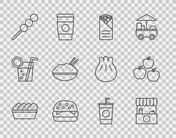 Set Chicken Nuggets in Box, Straßenstand mit Markise, Dönerspieß, Burger, Fleischbällchen Holzstäbchen, Reisschüssel Essstäbchen, Papierglasstroh und Apple-Symbol. Vektor — Stockvektor