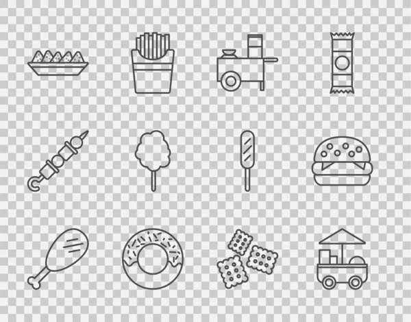 Set line Jambe de poulet, chariot de restauration rapide, beignet, nachos dans une assiette, barbe à papa, biscuit craquelin et icône burger. Vecteur — Image vectorielle