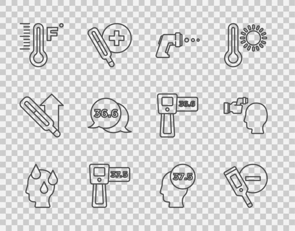 Fijar línea Alta temperatura del cuerpo humano, Termómetro digital, Meteorología, Médico, y el icono de comprobación. Vector — Archivo Imágenes Vectoriales