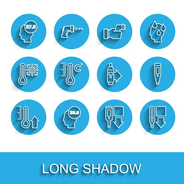 Stel lijn Meteorologie thermometer, Medisch, Hoge menselijke lichaamstemperatuur, Digitaal, en pictogram. Vector — Stockvector