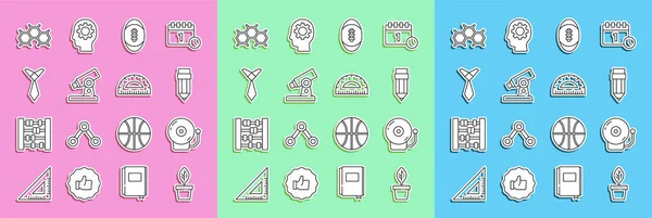 Set line Planta en maceta, timbre de alarma, Lápiz con goma de borrar, balón de fútbol americano, microscopio, corbata, fórmula química e icono del transportador. Vector — Vector de stock