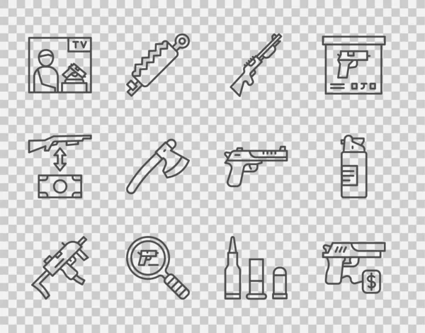 Set Linie MP9I Maschinenpistole, Kauf Pistole, Jagd, Pistole oder Suche, Werbewaffe, Holzaxt, Kugel und Waffen Ölflaschensymbol. Vektor — Stockvektor