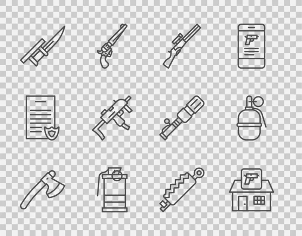 Σετ γραμμή Ξύλινο τσεκούρι, κυνηγετικό όπλο κατάστημα, όπλο, χειροβομβίδα καπνού, Bayonet τουφέκι, MP9I submachine, κυνήγι παγίδα και εικονίδιο. Διάνυσμα — Διανυσματικό Αρχείο