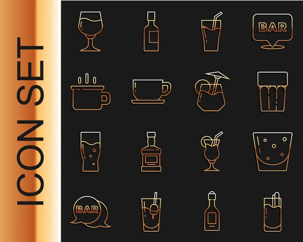 Linea Set Cocktail Bloody Mary, Bicchiere di rum, con acqua, succo di frutta, Tazza di caffè, Bicchiere di vino e icona. Vettore — Vettoriale Stock