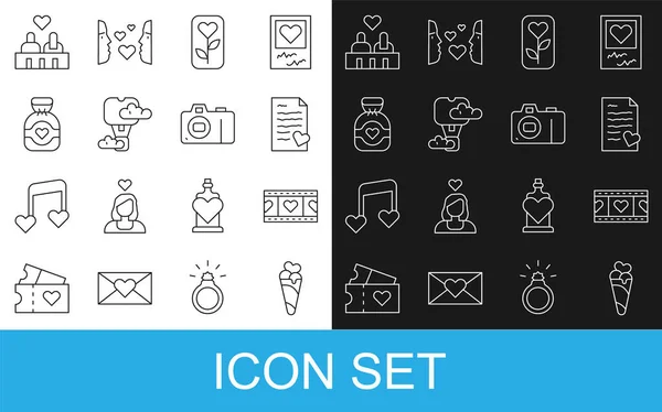 Set line Helado en cono de gofre, Play Video with heart, Envelope Valentine, Flower rose, Romantic hot air balloon, Chocolate candy, Couple love and Photo camera icon. Vector — Vector de stock