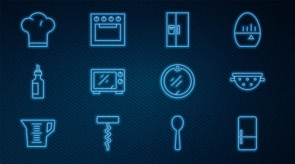 Buzdolabı, mutfak süzgeci, mikrodalga fırın, bir şişe zeytinyağı, şef şapkası, kesim tahtası ve fırın ikonu. Vektör