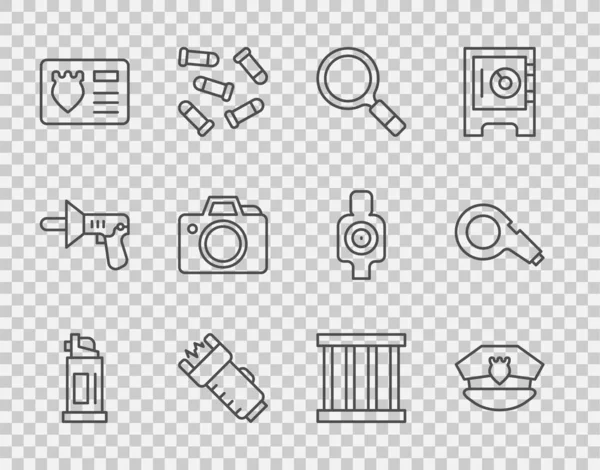 Biber gazı, kokain kaplı polis şapkası, büyüteç araması, elektrik şoku, rozet kutusu, fotoğraf makinesi, hapishane penceresi ve ıslık ikonu. Vektör