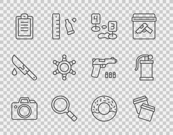 Set line Photo camera, Plastic bag with ziplock, Marker of crime scene, Magnifying glass search, Police report, Hexagram sheriff, Donut and Hand smoke grenade icon. Vector — Stock Vector