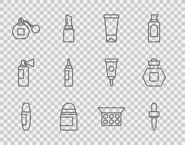 Mascara fırçası, Pipette, krem veya losyon kozmetik tüpü, terleme önleyici deodorant rulo, parfüm, ayna ve ikonlu makyaj tozu. Vektör