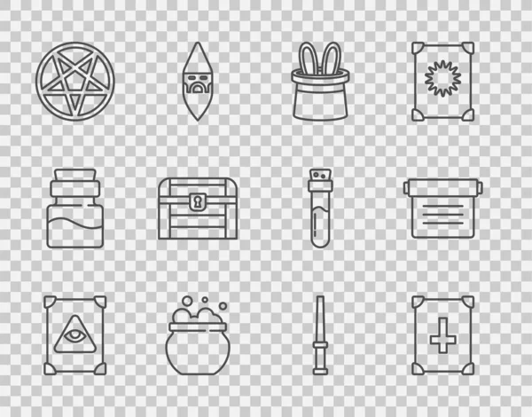 Set line Ancient magic book, Magician hat and rabbit ears, Witch cauldron, Pentagram in circle, Antique treasure chest, wand and icon. Vector — Stock Vector