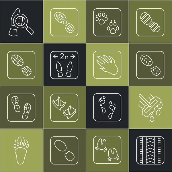 Lastik izi, paspas, insan ayak izi ayakkabısı, Paw, güvenli mesafe, ayak izli büyüteç ve timsah timsahı simgesi. Vektör