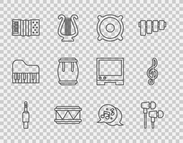 Set line Audio jack, Air headphones, Stereo speaker, Drum, Accordion, Music note, tone and Treble clef icon. Vector — Stock Vector