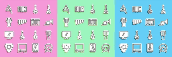 Set line Drum and drum sticks, Trumpet, Banjo, Pan flute, Guitar, Triangle and Music synthesizer icon. Vector — Stock Vector