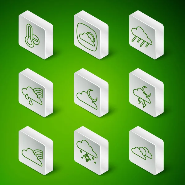 Güneş ve bulutlar, karlı bulutlar, Meteoroloji termometresi, ay, Gökkuşağı yağmuru, hava tahmini, bulutlar ve fırtına ikonu. Vektör