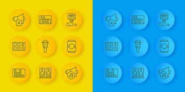 Satır Müzik Dengeleyicisi, Bateri Makinesi, Mikrofon, Hoparlör Sesi, Bira Kutusu, Dilsiz, Kayıt Stüdyosu ve Sentezleyici ikonu. Vektör