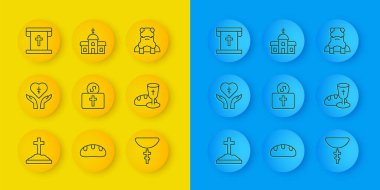 Haçlı mezar, kalben din, kilise için bağış, Hıristiyan zinciri, ekmek ve ekmek, bayrak Hıristiyan, rahip ve kilise ikonu. Vektör