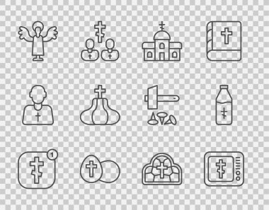 Online kilise papazı vaazı, kilise binası, Paskalya yumurtası, melek, kule, lekeli cam ve kutsal su şişesi ikonu. Vektör