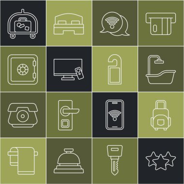 Stars derecesi, bavul, küvet, kablosuz internet, akıllı televizyon, kasa, otel bagaj seti ve lütfen ikonu rahatsız etmeyin. Vektör
