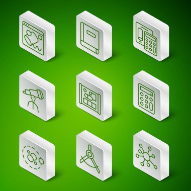 Satır Molekül, Çizim Pusulası, Veri Görselleştirme, Mühendislik, Teleskop, Bilim Kitabı, Atom ve Hesap Makinesi simgesi için Grafik Kağıdı. Vektör