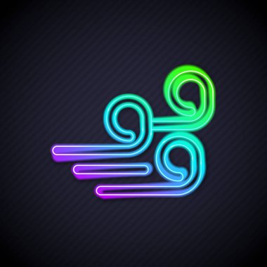 Parlayan neon hattı. Rüzgarlı hava ikonu siyah arkaplanda izole edildi. Bulut ve rüzgar. Vektör