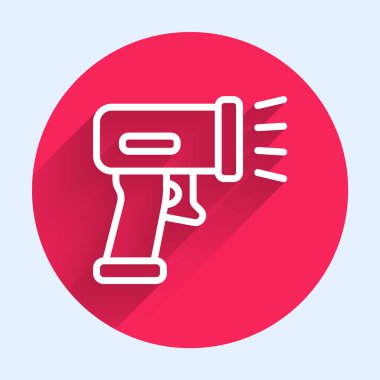 Beyaz çizgi tarayıcısı uzun gölgeli barkod simgesini tarıyor. Barkod etiketi. Parmaklıklı teslimat için kimlik. Kırmızı daire düğmesi. Vektör