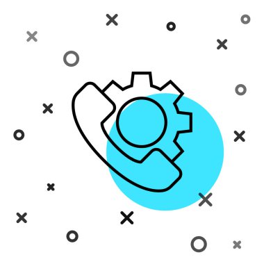 Siyah Hat Telefon, beyaz arka planda 24 saatlik destek ikonu izole edildi. Tüm gün müşteri destek merkezi. Tam zamanlı çağrı servisi. Rastgele dinamik şekiller. Vektör