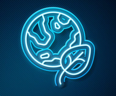 Parlayan neon hattı Dünya küresi ve yaprak ikonu Parlayan neon çizgi arkaplanını izole etti. Dünya ya da Dünya işareti. Geometrik şekiller. Çevresel konsept. Vektör