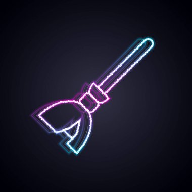 Parlayan neon hattı cadı süpürgesi simgesi siyah arka planda izole edildi. Mutlu Cadılar Bayramı Partisi. Vektör