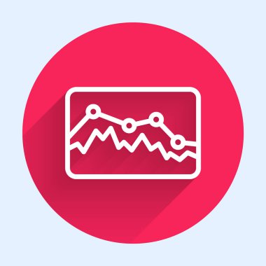 Beyaz çizgi müzik dalga eşitleyici ikonu uzun gölgeli izole edilmiş. Ses dalgası. Ses dijital dengeleyici teknolojisi, konsol paneli, nabız müzikali. Kırmızı daire düğmesi. Vektör