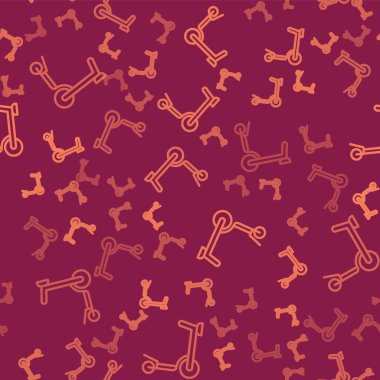 Çocuklar için kahverengi çizgili patenli scooter kırmızı arka planda izole edilmiş pürüzsüz bir model. Motoru tekmele ya da dengeli sür. Vektör