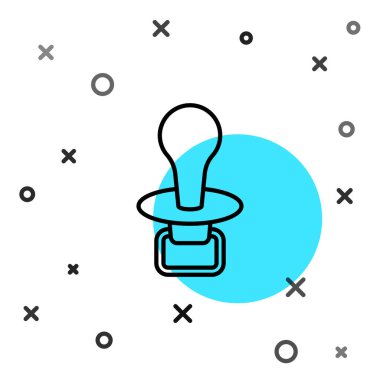 Siyah çizgi bebek emziği simgesi beyaz arkaplanda izole edildi. Çocuk oyuncağı. Rastgele dinamik şekiller. Vektör