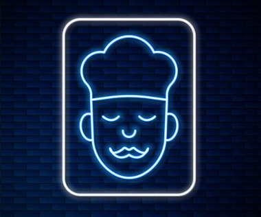 Parlayan neon hattı Cook simgesi tuğla duvar arkasında izole edildi. Şef sembolü. Vektör