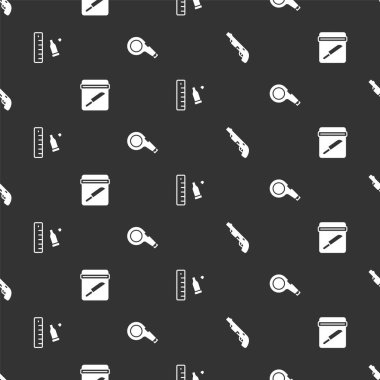 Pompalı tüfeği, bıçaklı kanıt çantasını, kurşun kovanı cetvelini ve ıslığı kusursuz desenli olarak ayarla. Vektör