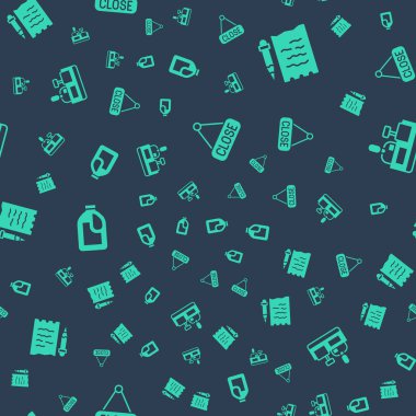 Asma levhasını Kapalı, Alışveriş listesi ve kalemle, Kasiyer ve temizleme acentesi için şişeyi kusursuz şablona göre ayarlayın. Vektör