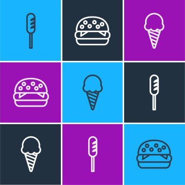 Kızarmış sosis, waffle külahında dondurma ve Burger ikonu. Vektör