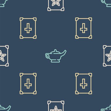 Eskiler 'in sihirli kitabı ve sihirli lamba ya da Aladdin' i kusursuz desenlere ayarlayın. Vektör