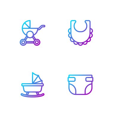 Bebek bezi, bebek arabası ve önlüğü ayarla. Renk simgeleri. Vektör