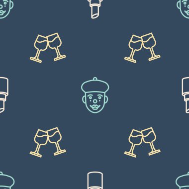 Çizgi, ruj, şarap bardağı ve Fransız pandomimcisini kusursuz desene ayarlayın. Vektör