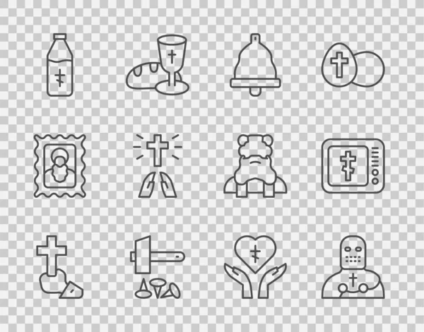 Set line Christian cross, Knight crusader, Church bell, Crucifixion of Jesus, Holy water bottle, Hands in praying position, Religious heart and Online church pastor preaching icon. Vector — Stock Vector