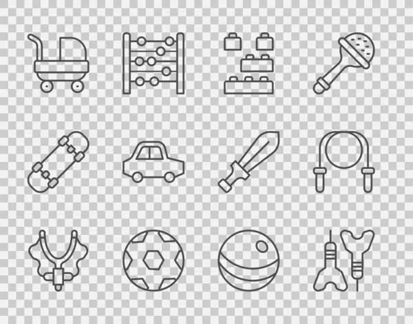 Slingshot, Dart arrow, Toy building block brick, Soccer football ball, Baby strollled, car, Beach, Jump 밧줄 아이콘을 설정 한다. Vector — 스톡 벡터