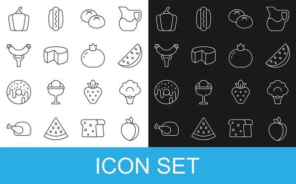 Set line Plum fruit, Broccoli, Watermelon, Bread loaf, Cheese, Sausage the fork, Bell pepper and Tomato icon. Vector — Stock Vector
