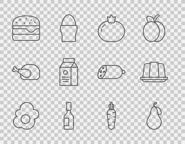 Állítsa be a vonal rántotta, körte, paradicsom, Tabasco szósz, Burger, aper csomag tej, sárgarépa és zselés sütemény ikon. Vektor — Stock Vector