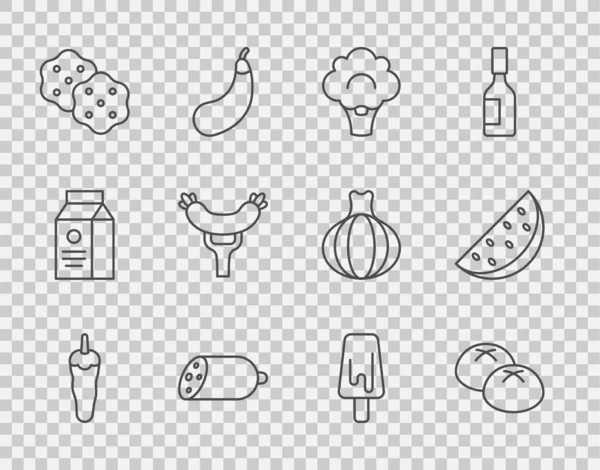 Biber, somun ekmek, brokoli, salam sosis, bisküvi, çatalda sosis, dondurma ve karpuz ikonu. Vektör — Stok Vektör